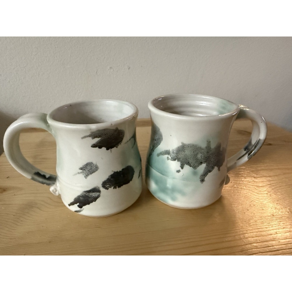 Vtg Handmade Studio Art Pottery Pair of Mugs, Cream Turquoise Gray Artist Signed